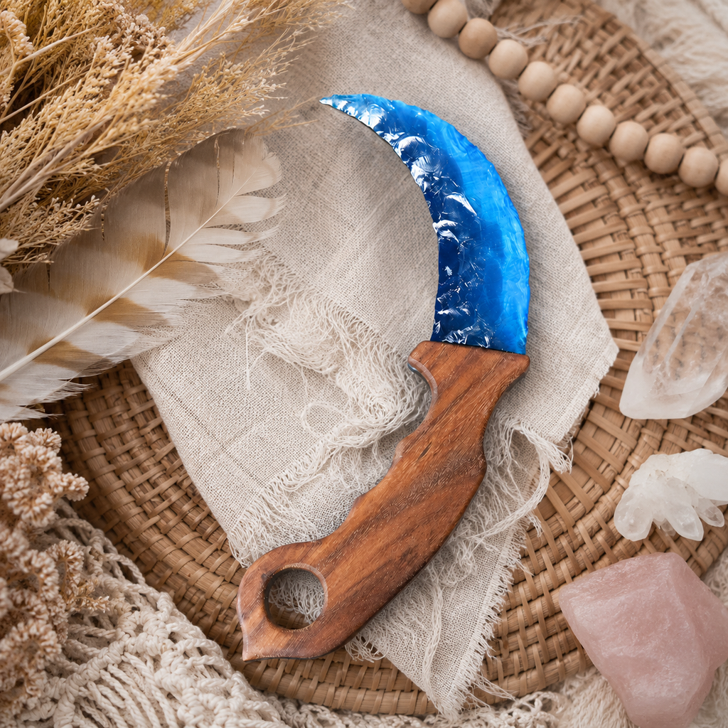 Blue Crescent Crystal Dagger with Wooden Handle, Moon-Shaped Fantasy Display Ornament, Gothic Altar Decor and Collector Gift