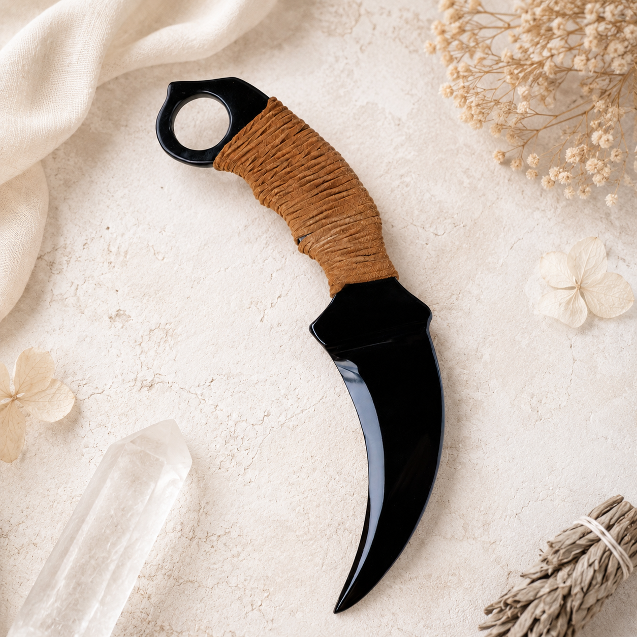 Natural Black Obsidian Eagle Claw Carving, Cord Wrapped Karambit-Inspired Crystal Ornament, Gothic Altar Decor and Collector Gift