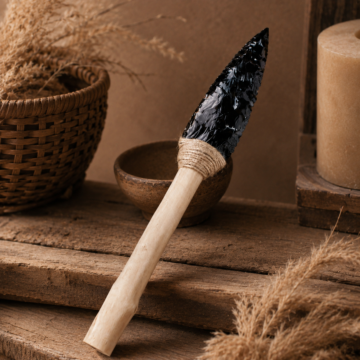 Large Black Obsidian Arrowhead Carving with Twine-Wrapped Wooden Handle, Rustic Crystal Display Ornament and Unique Collector Gift