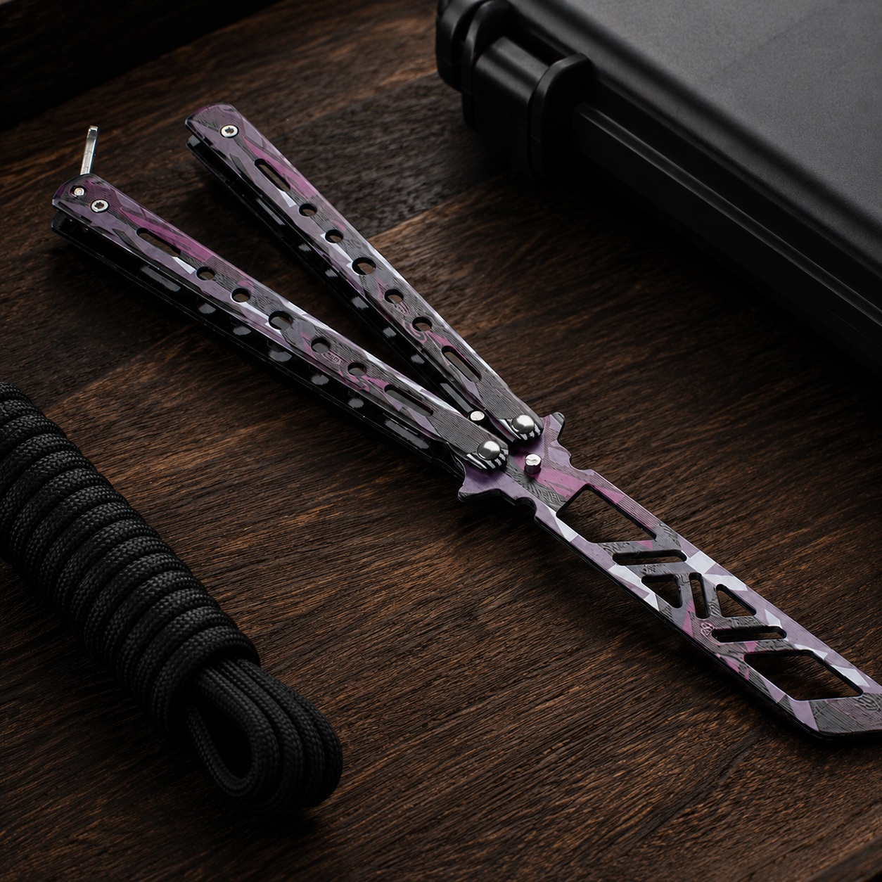 Purple Camo Balisong Trainer, Butterfly Practice Tool with Skeletonized Design, Metal Flipping Trainer and Collectible Display Piece