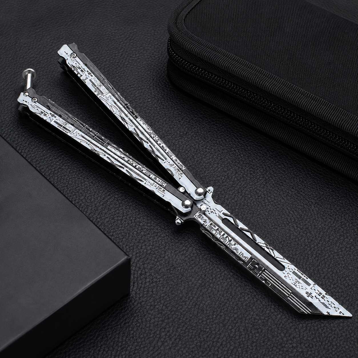 Silver Cyber Balisong Style Collectible, Futuristic Metal Butterfly Design, Modern Display Piece with Tech Graphic Pattern