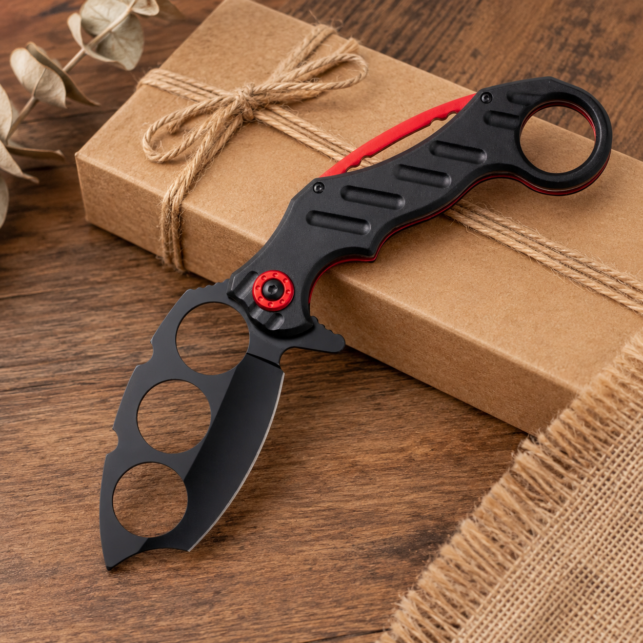 Black & Red Skeletonized Folding Pocket Knife with Triple Blade Cutouts and Finger Ring – Tactical Collector Gift