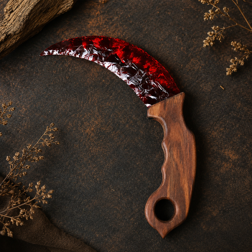 Ruby Red Crescent Crystal Dagger with Wooden Handle, Moon-Shaped Fantasy Display Ornament, Gothic Altar Decor and Collector Gift