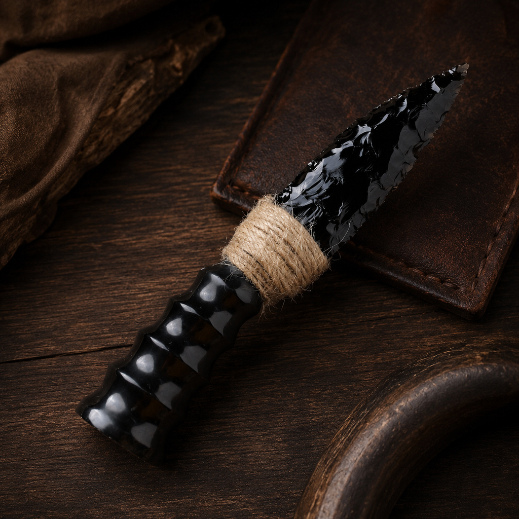 Large Black Obsidian Arrowhead Carving with Natural Horn Handle, Twine-Wrapped Rustic Crystal Display Ornament and Collector Gift