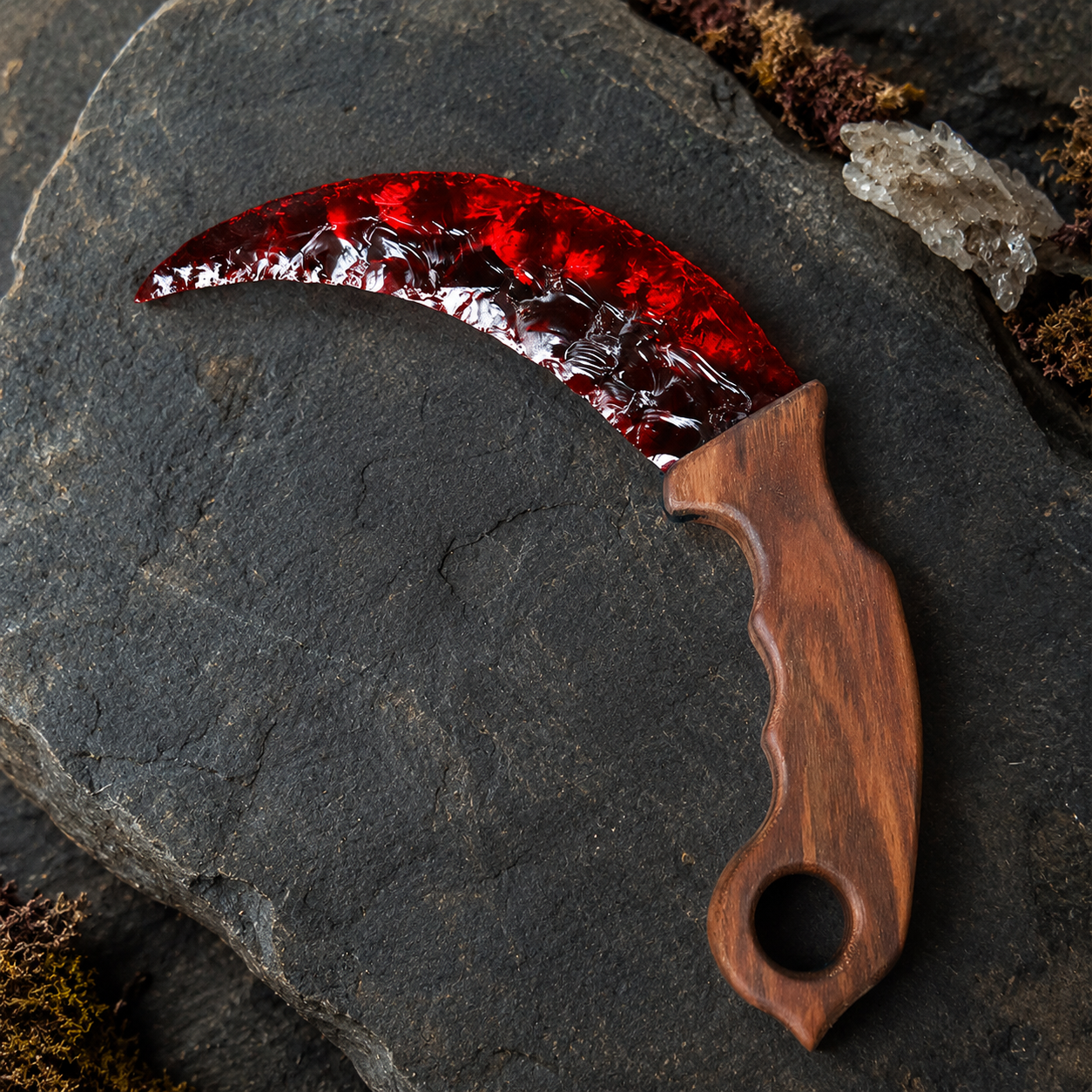 Ruby Red Crescent Crystal Dagger with Wooden Handle, Moon-Shaped Fantasy Display Ornament, Gothic Altar Decor and Collector Gift