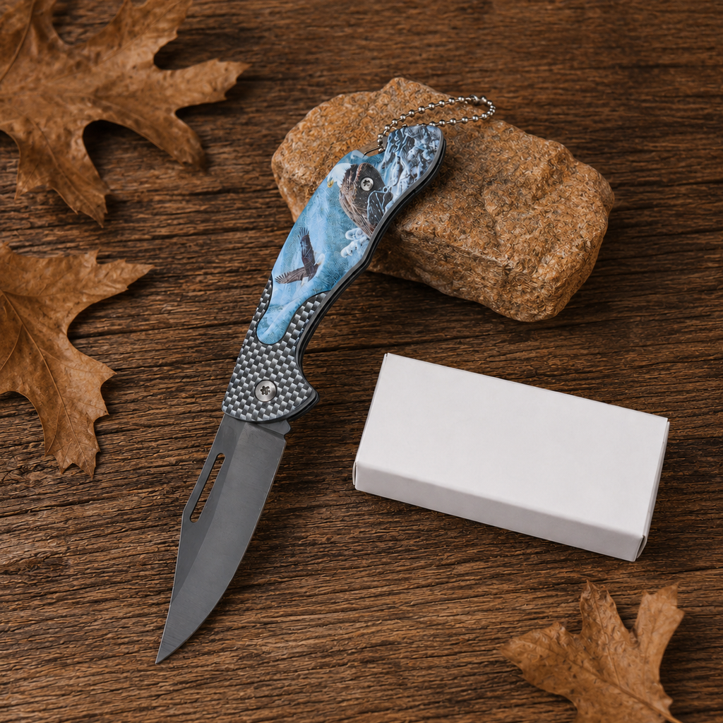 Blue Eagle Graphic Folding Pocket Knife with Gray Blade & Keychain – Outdoor Collector Gift