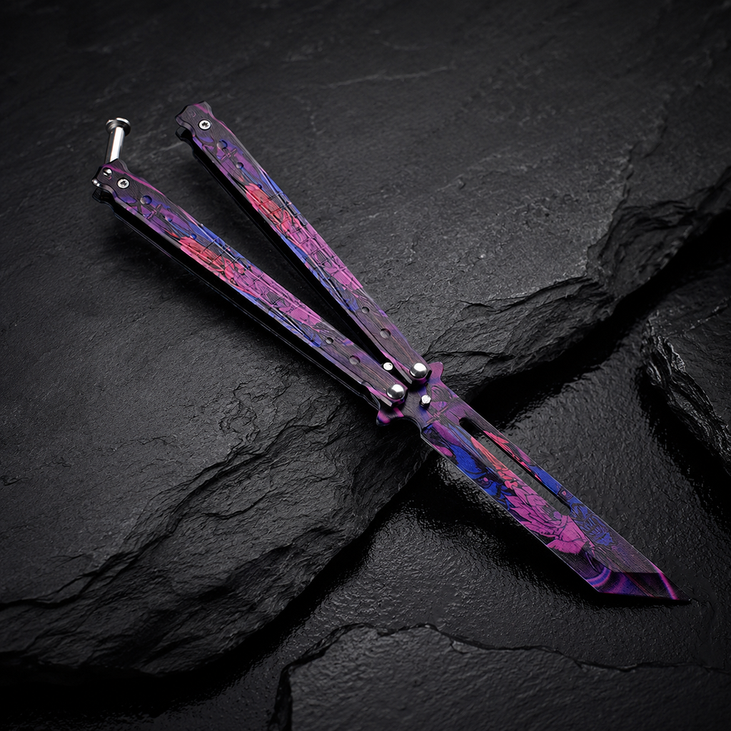 Purple Floral Cyber Balisong Style Collectible, Black Pink Butterfly Design, Futuristic Metal Display Piece