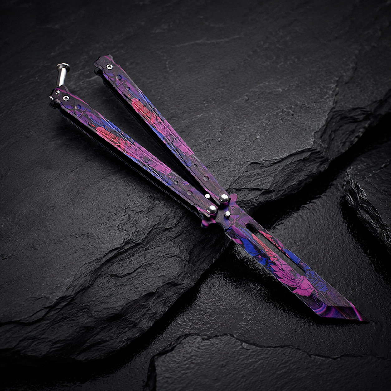 Purple Floral Cyber Balisong Style Collectible, Black Pink Butterfly Design, Futuristic Metal Display Piece
