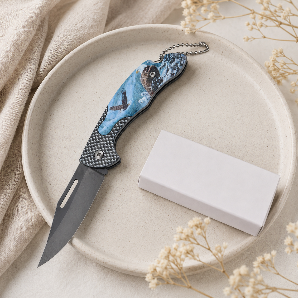 Blue Eagle Graphic Folding Pocket Knife with Gray Blade & Keychain – Outdoor Collector Gift