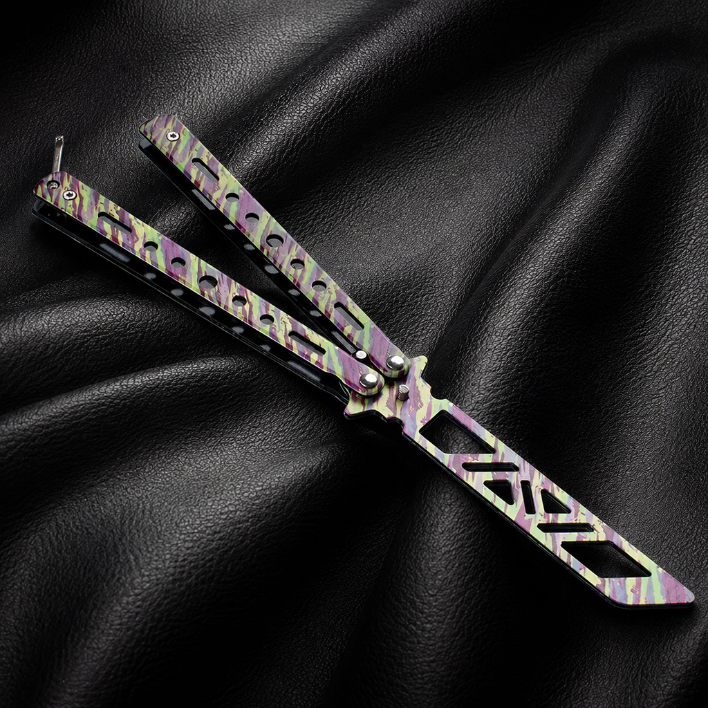 Pastel Camo Balisong Style Collectible, Butterfly Folding Design, Colorful Metal Display Piece with Cutout Blade Look