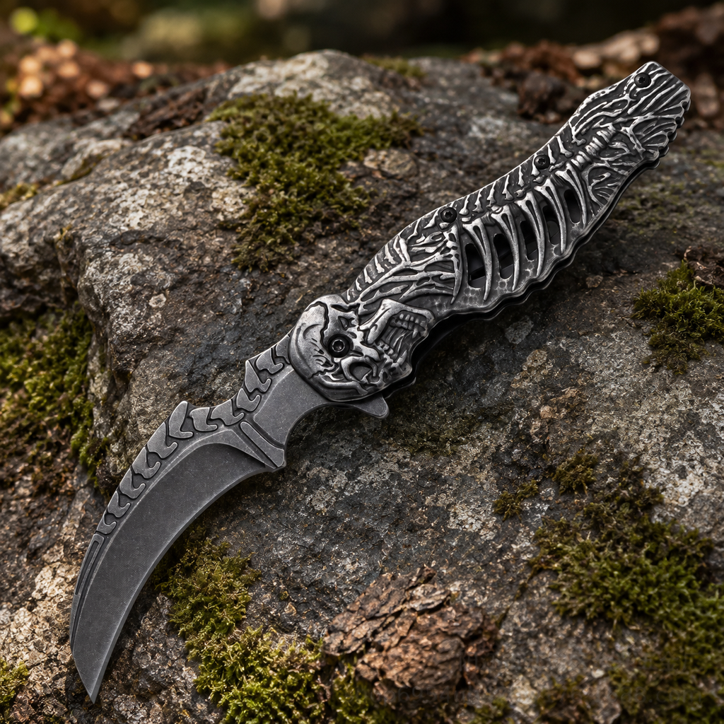 Gothic Skeleton Folding Pocket Knife with Curved Gray Blade – Skull Rib Cage Collector Gift