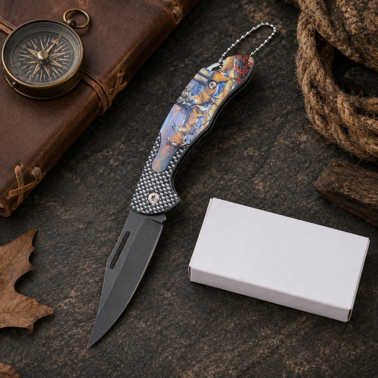 Deer Wildlife Graphic Folding Pocket Knife with Gray Blade & Keychain – Outdoor Hunter Collector Gift