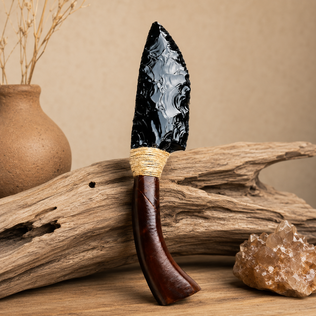 Natural Black Obsidian Dragon Glass Curved Blade Carving, Horn Handle Crystal Display Ornament, Rustic Gothic Collector Gift