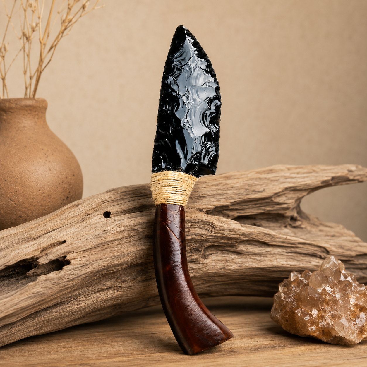 Natural Black Obsidian Dragon Glass Curved Blade Carving, Horn Handle Crystal Display Ornament, Rustic Gothic Collector Gift
