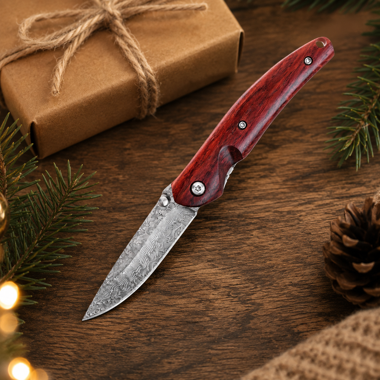 Red Wood Handle Damascus-Pattern Folding Knife – Compact Outdoor Pocket Knife & Collector Gift