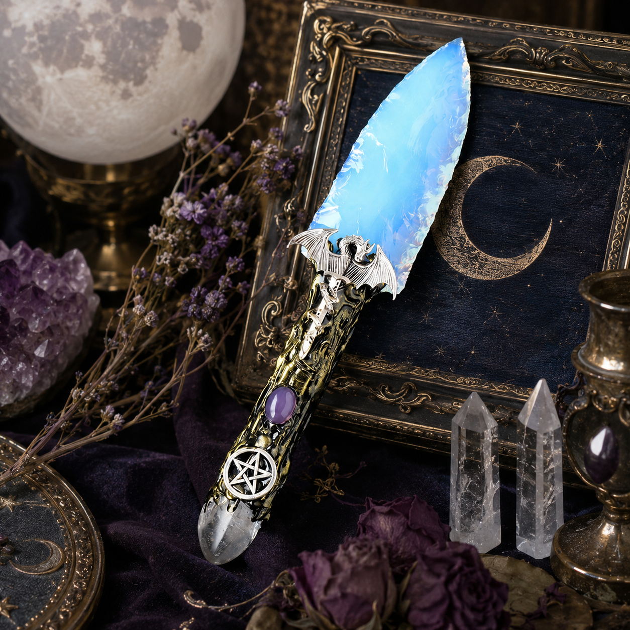 White Opalite Dragon Fantasy Dagger, Ornate Crystal Blade with Pentagram Handle, Gothic Altar Decor and Mystical Collector Gift