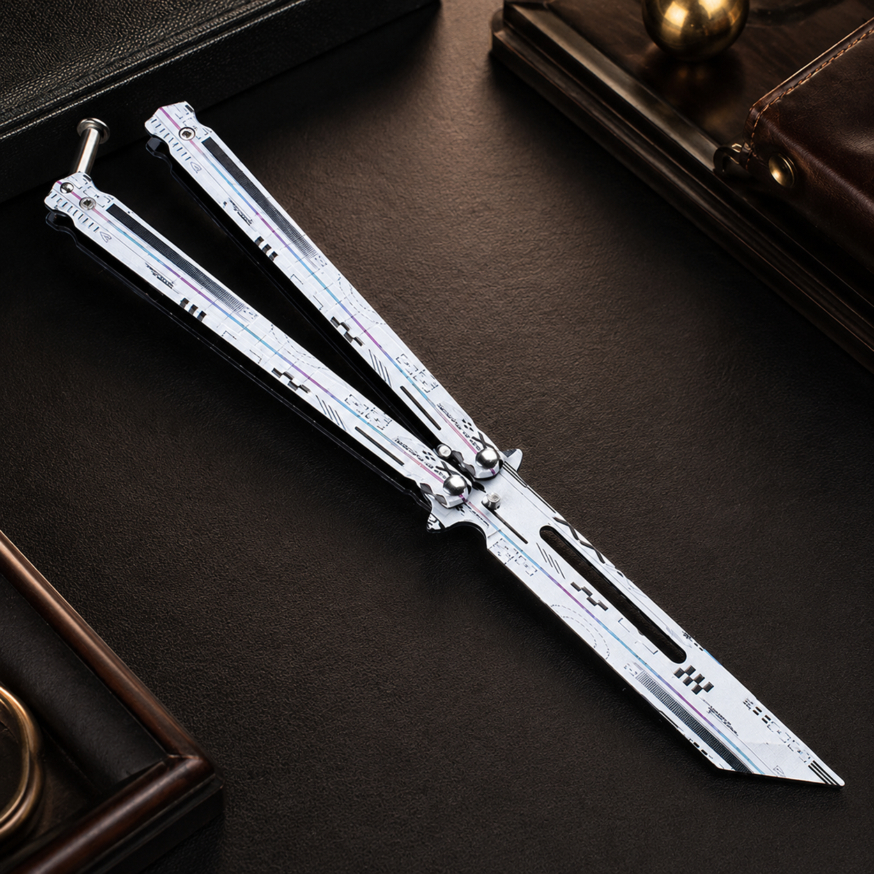 Futuristic Silver Balisong Knife, Premium Butterfly Knife Design, Modern EDC Collectible Folding Knife with Cyber Style Finish