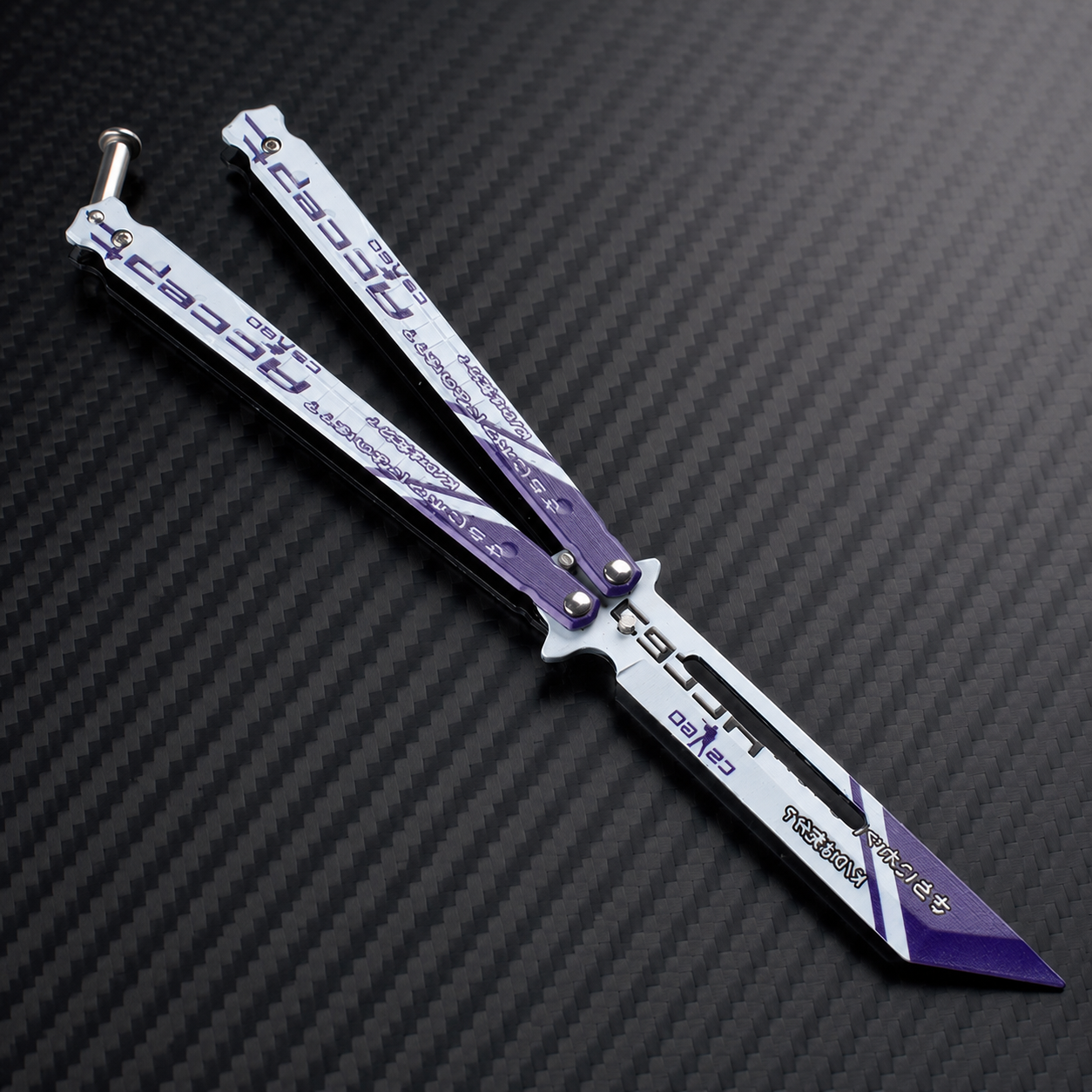 White Purple Cyber Balisong Style Collectible, Futuristic Butterfly Design, Metal Display Piece with Tech Graphic Pattern