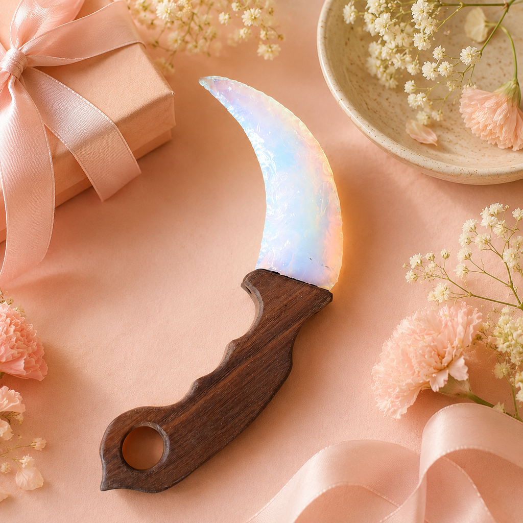 White Opalite Crescent Dagger with Wooden Handle, Moon-Shaped Fantasy Crystal Display, Celestial Altar Decor and Collector Gift
