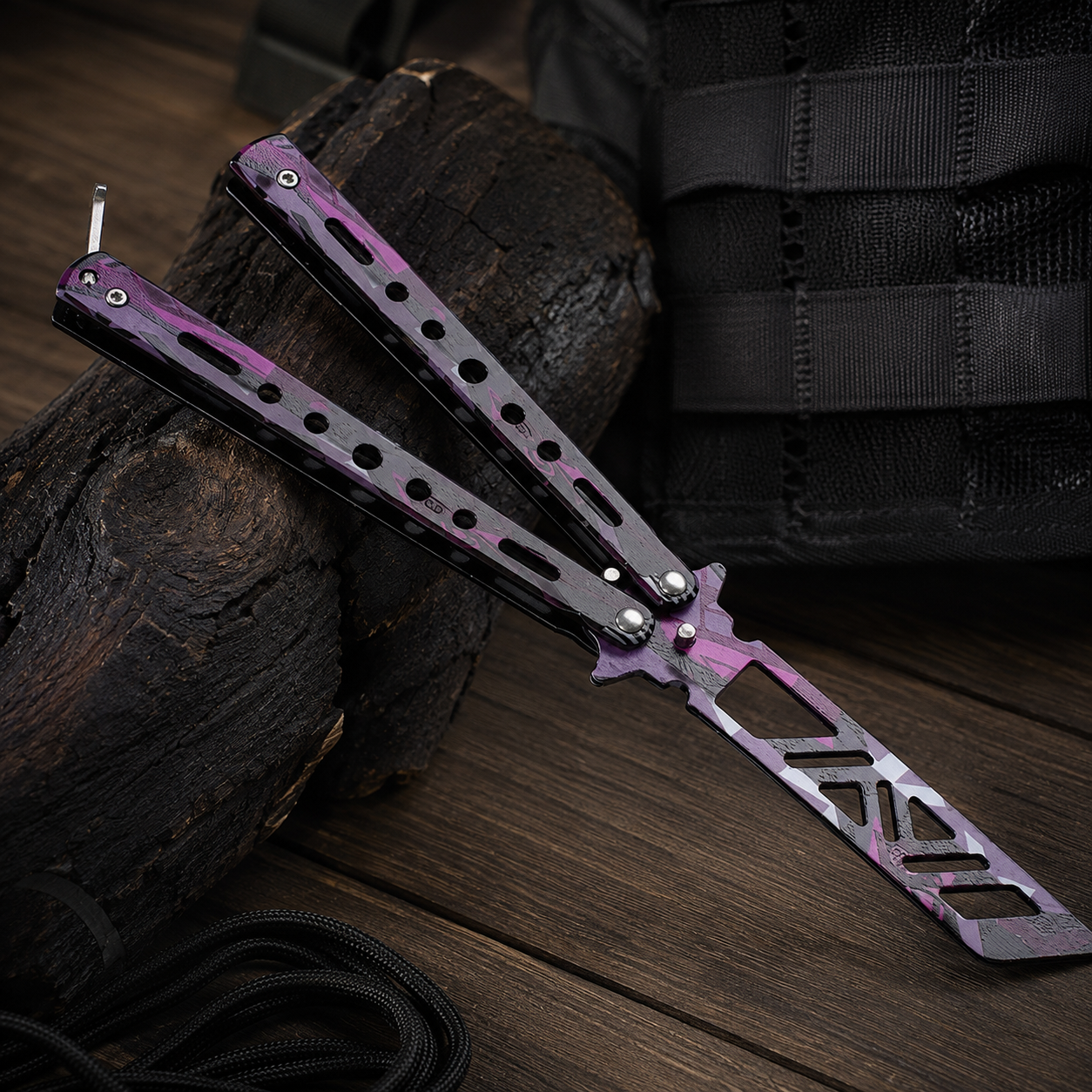 Purple Camo Balisong Trainer, Butterfly Practice Tool with Skeletonized Design, Metal Flipping Trainer and Collectible Display Piece