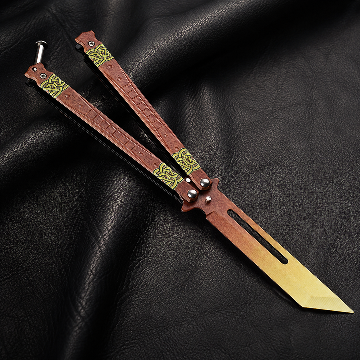 Brown Gold Balisong Style Collectible, Vintage Inspired Butterfly Design, Wood Grain Handle Look, Modern Display Piece