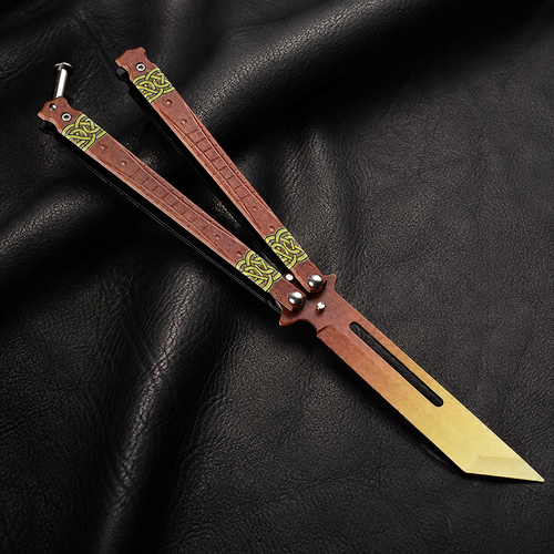 Brown Gold Balisong Style Collectible, Vintage Inspired Butterfly Design, Wood Grain Handle Look, Modern Display Piece