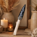 Large Black Obsidian Arrowhead Display with Wooden Handle, Antique Silver Alloy Medallion, Rustic Crystal Decor and Collector Gift