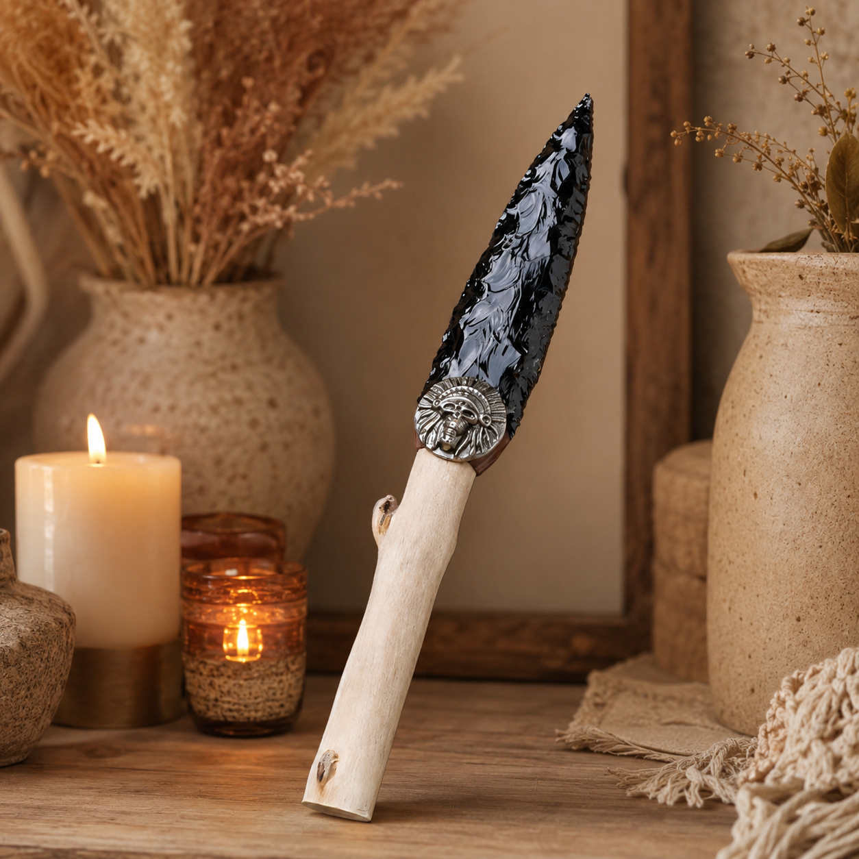 Large Black Obsidian Arrowhead Display with Wooden Handle, Antique Silver Alloy Medallion, Rustic Crystal Decor and Collector Gift