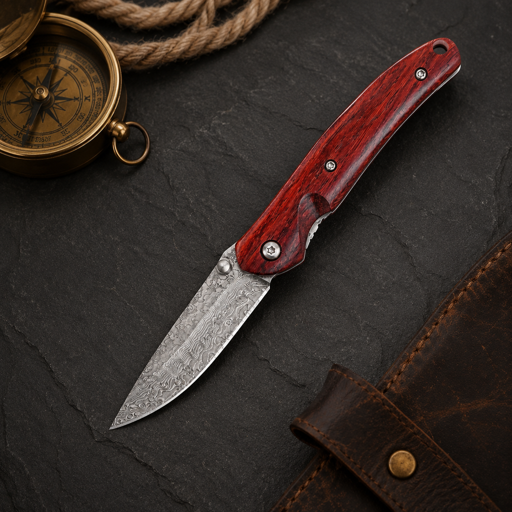 Red Wood Handle Damascus-Pattern Folding Knife – Compact Outdoor Pocket Knife & Collector Gift
