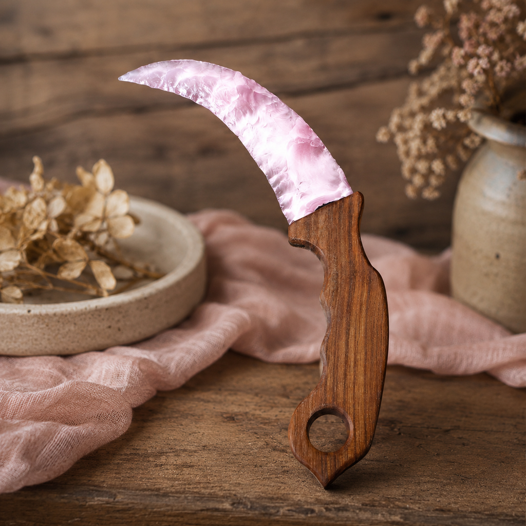Pink Crescent Crystal Dagger with Wooden Handle, Moon-Shaped Fantasy Display Ornament, Mystical Altar Decor and Collector Gift