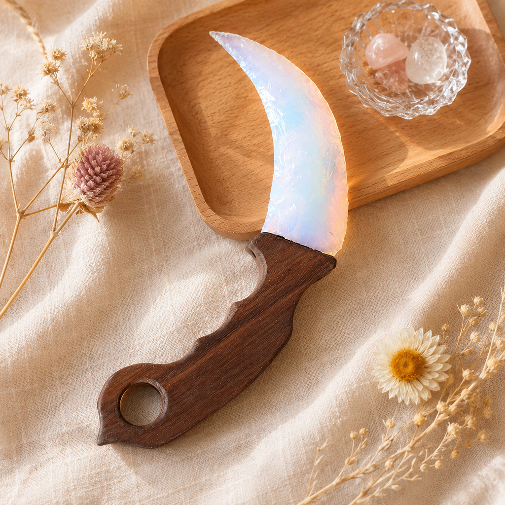 White Opalite Crescent Dagger with Wooden Handle, Moon-Shaped Fantasy Crystal Display, Celestial Altar Decor and Collector Gift
