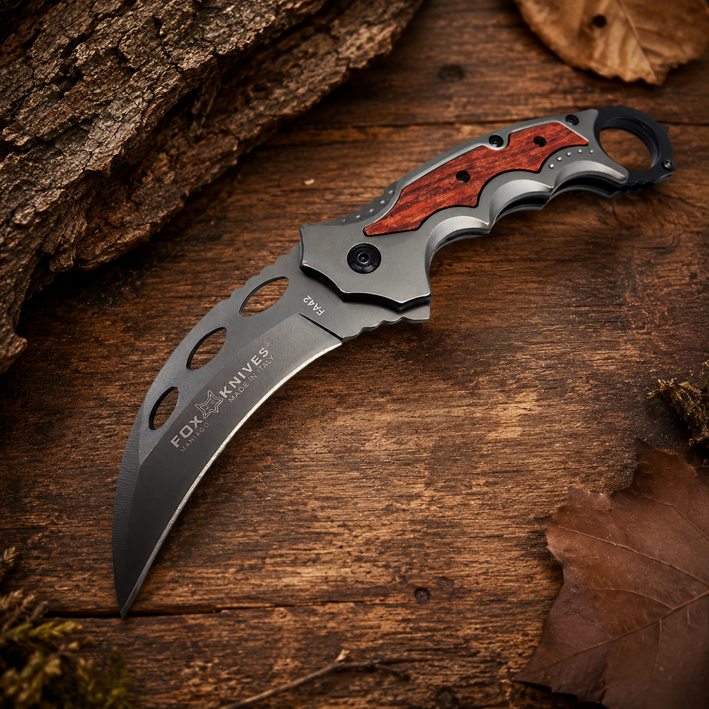 Red Wood Inlay Karambit-Style Folding Pocket Knife with Curved Gray Blade & Finger Ring – Collector Gift
