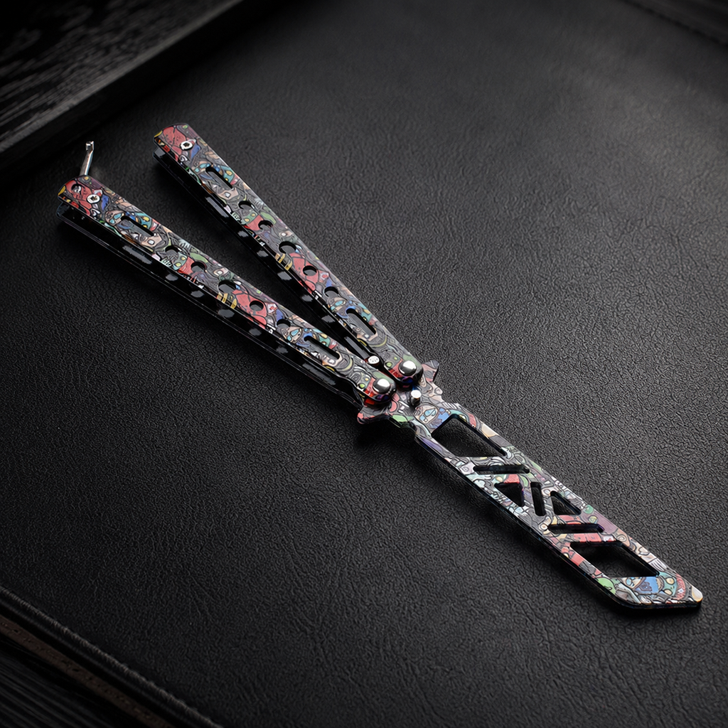 Colorful Graffiti Balisong Style Collectible, Butterfly Folding Display Piece, Cutout Metal Design with Street Art Pattern