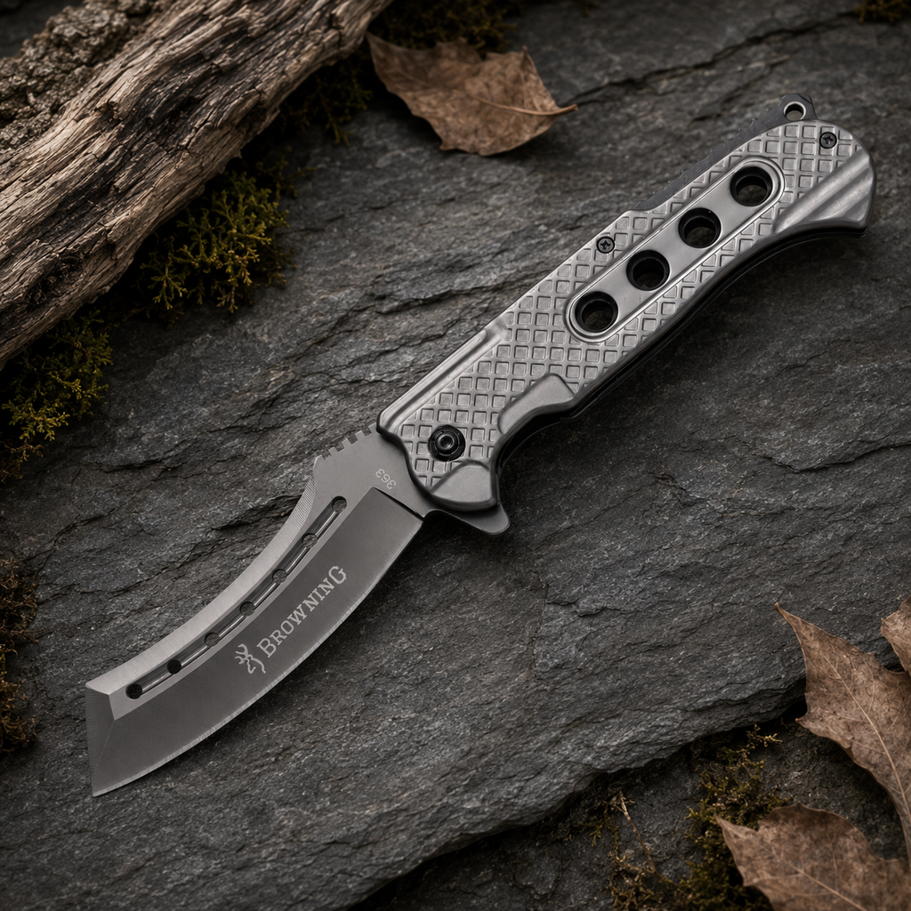 Silver Cleaver-Style Folding Pocket Knife with Textured Metal Handle and Ventilated Blade – Outdoor Collector Gift