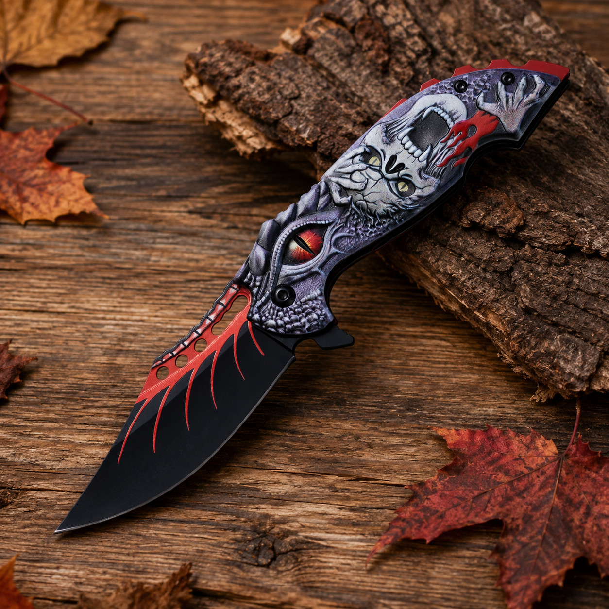 Gothic Monster Graphic Folding Pocket Knife with Black and Red Blade – Dark Fantasy Collector Gift