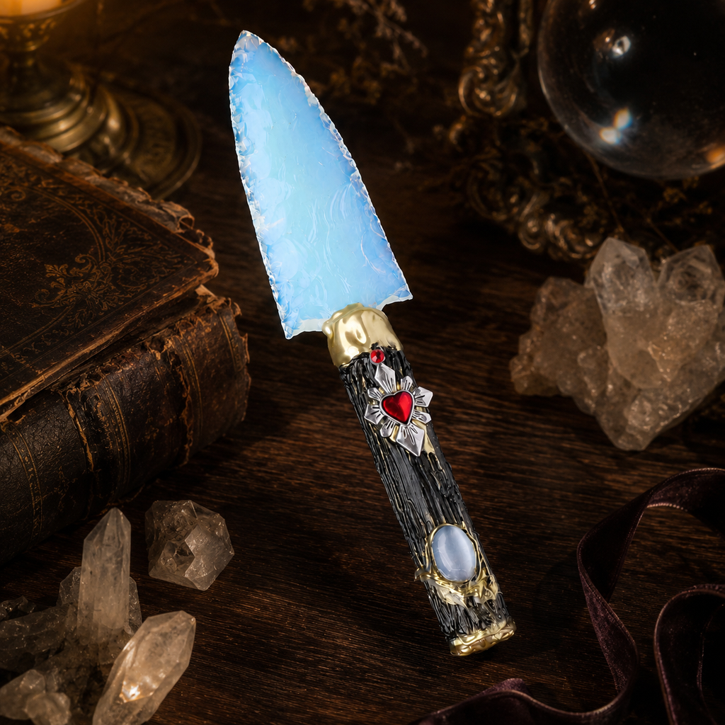 White Opalite Fantasy Dagger with Sacred Heart Handle, Iridescent Crystal Display Ornament, Gothic Altar Decor and Collector Gift