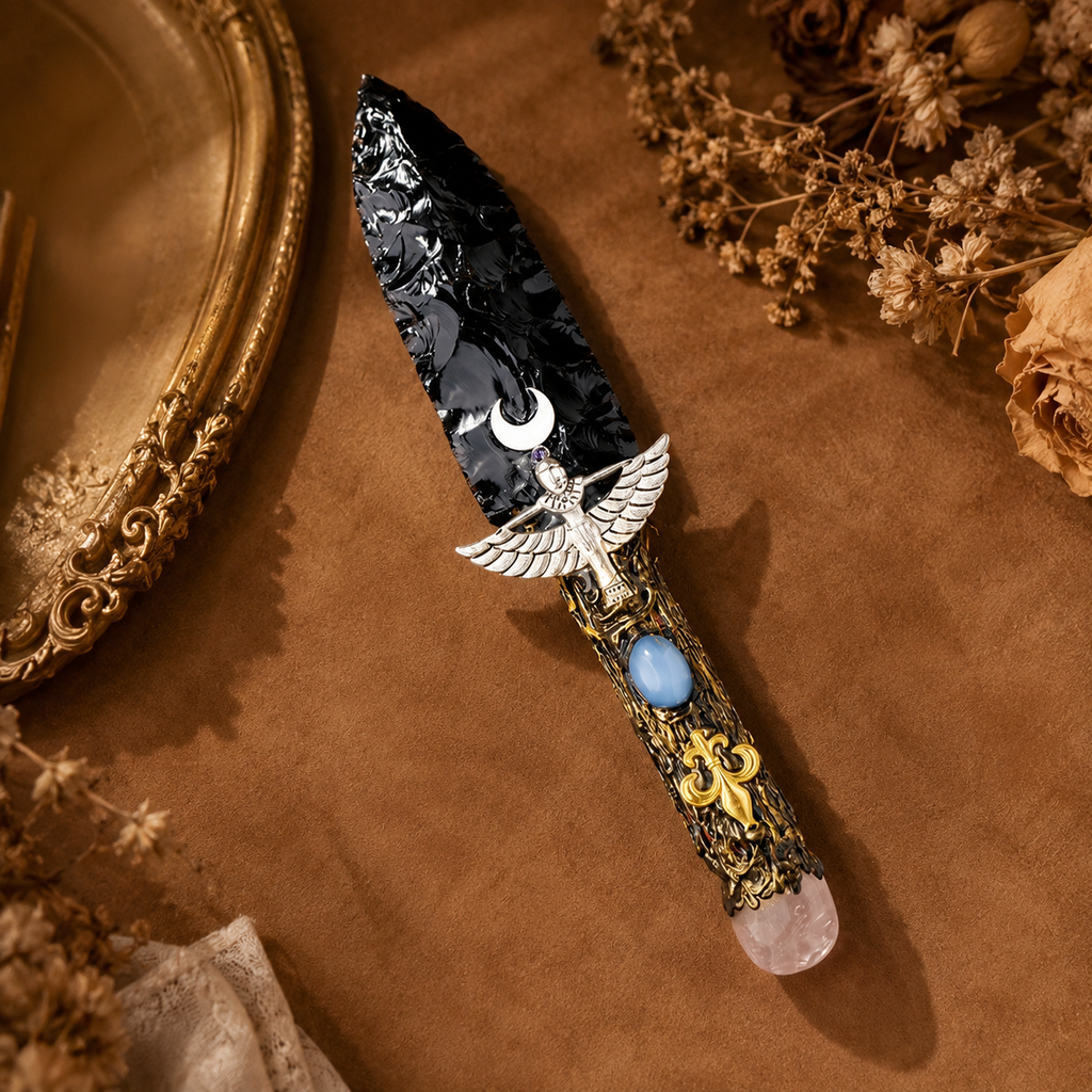 Black Obsidian Celestial Angel Dagger, Ornate Moon Crystal Display Sword, Gothic Altar Decor and Mystical Fantasy Collector Gift
