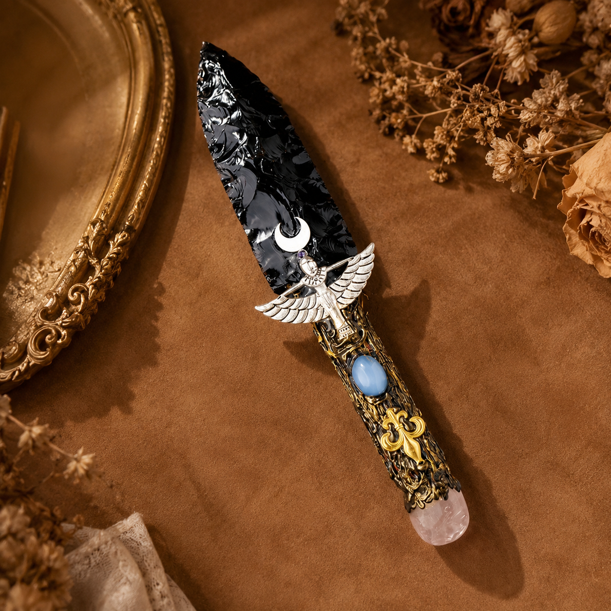 Black Obsidian Celestial Angel Dagger, Ornate Moon Crystal Display Sword, Gothic Altar Decor and Mystical Fantasy Collector Gift
