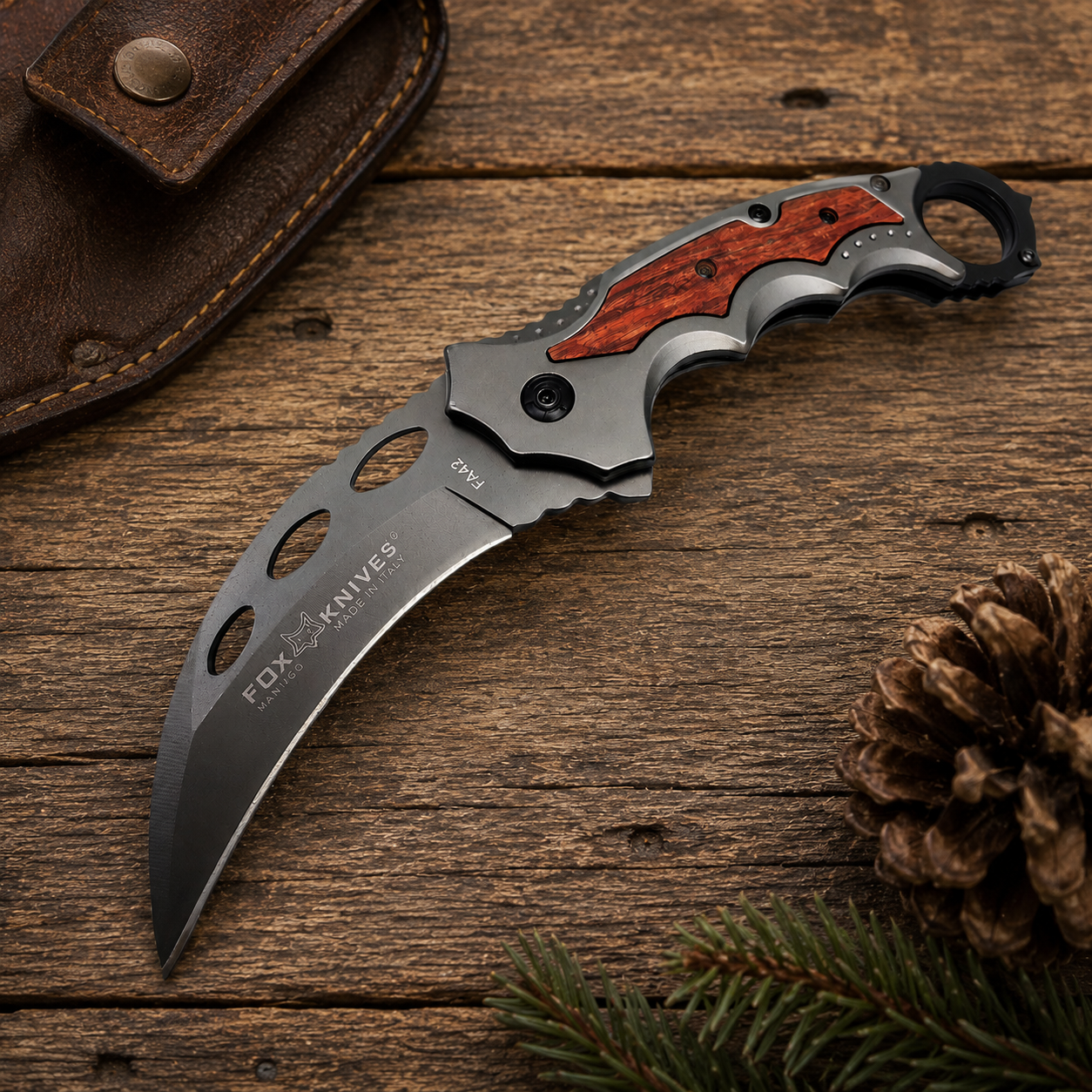 Red Wood Inlay Karambit-Style Folding Pocket Knife with Curved Gray Blade & Finger Ring – Collector Gift