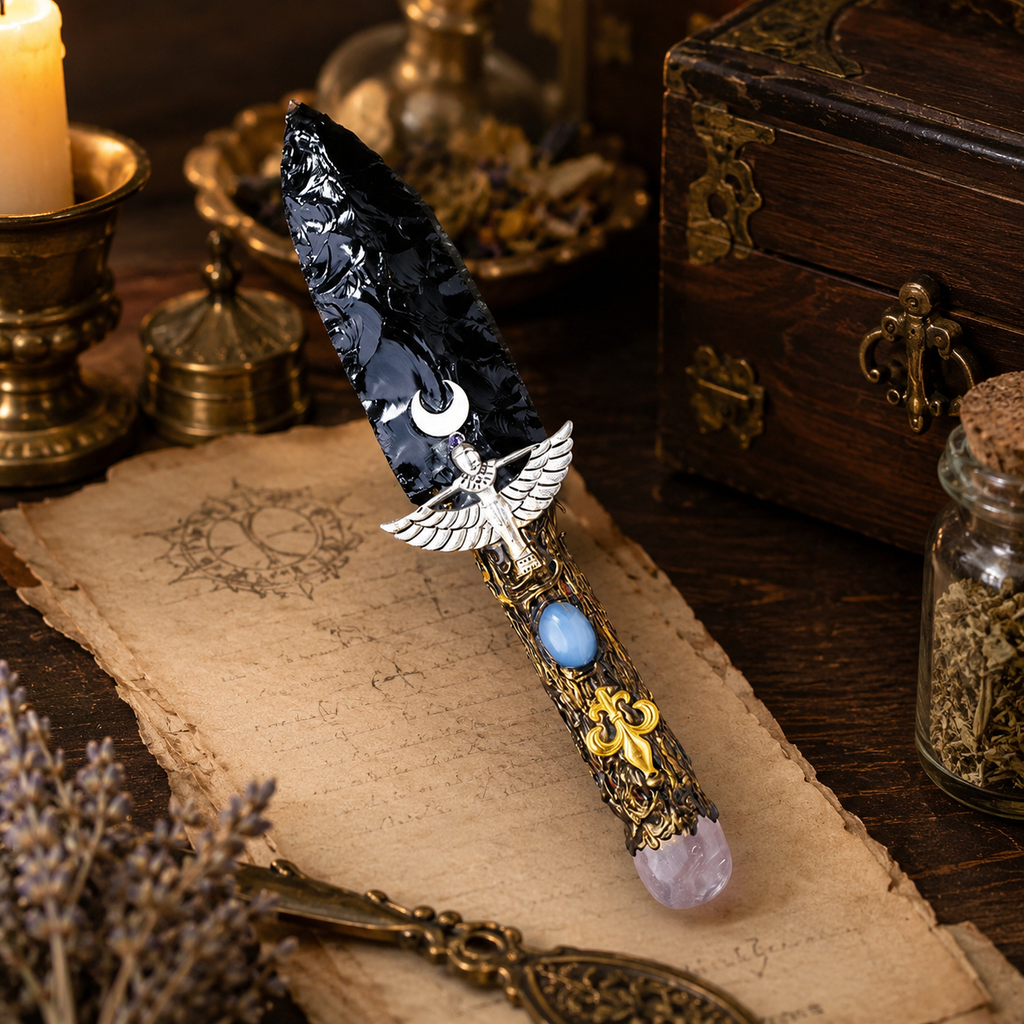 Black Obsidian Celestial Angel Dagger, Ornate Moon Crystal Display Sword, Gothic Altar Decor and Mystical Fantasy Collector Gift
