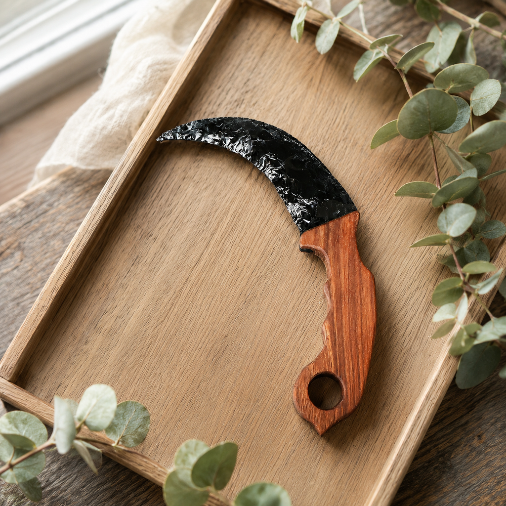 Black Obsidian Crescent Dagger with Wooden Handle, Moon-Shaped Crystal Display Ornament, Gothic Altar Decor and Collector Gift