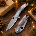 Natural Cow Bone Handle Damascus-Pattern Folding Pocket Knife with Leather Lanyard – Rustic Collector Gift