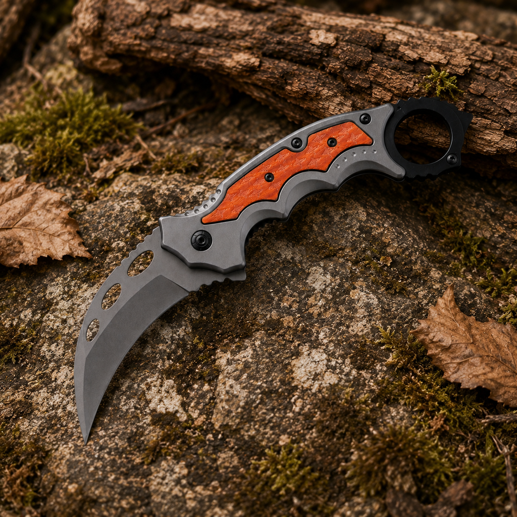 Orange Inlay Karambit-Style Folding Pocket Knife with Finger Ring & Gray Curved Blade – Outdoor Collector Gift