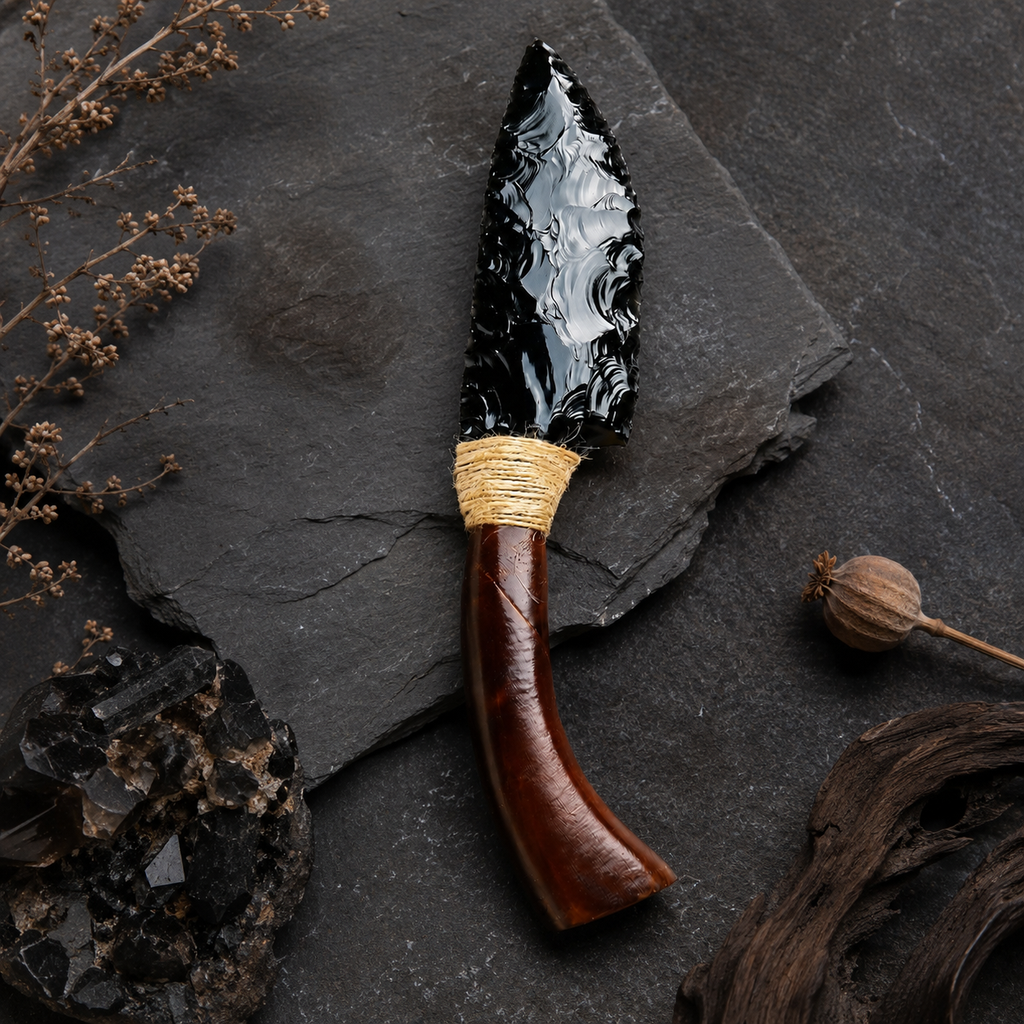 Natural Black Obsidian Dragon Glass Curved Blade Carving, Horn Handle Crystal Display Ornament, Rustic Gothic Collector Gift