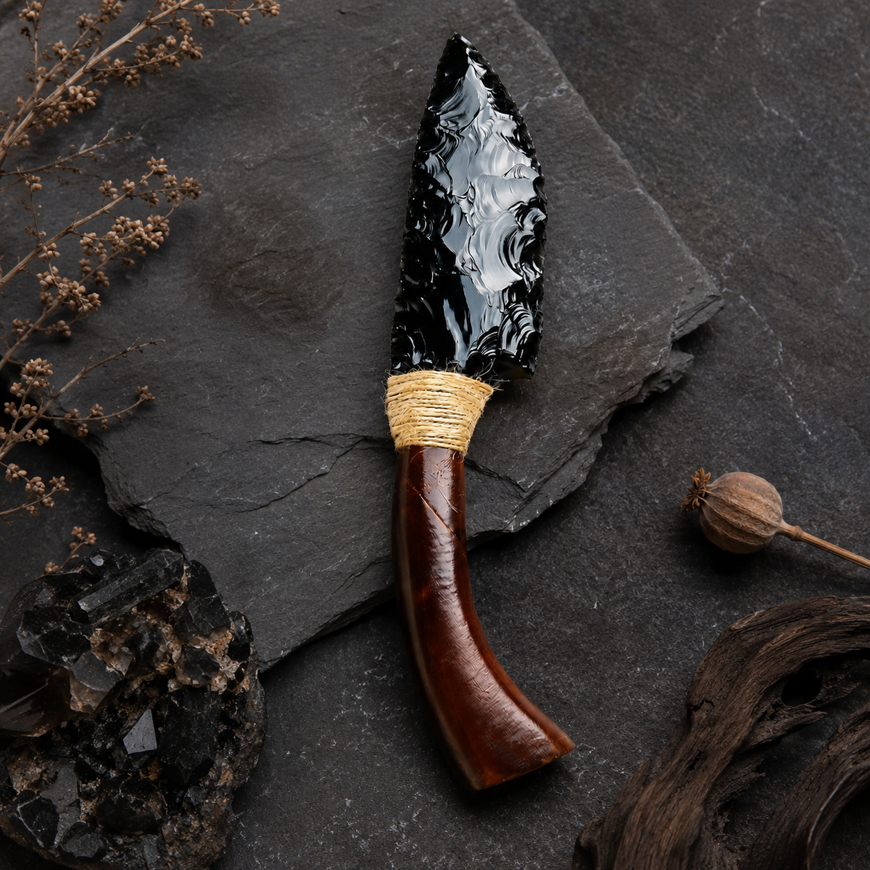 Natural Black Obsidian Dragon Glass Curved Blade Carving, Horn Handle Crystal Display Ornament, Rustic Gothic Collector Gift
