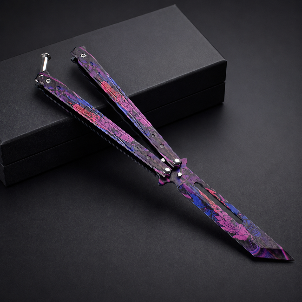 Purple Floral Cyber Balisong Style Collectible, Black Pink Butterfly Design, Futuristic Metal Display Piece