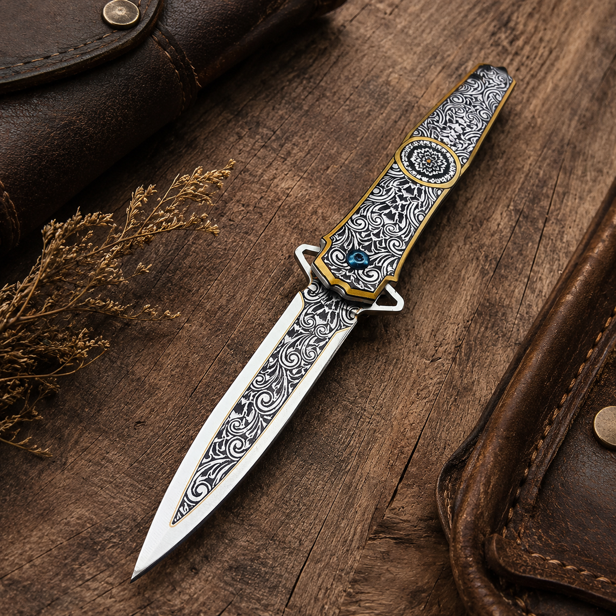 Ornate Black & Gold Engraved Folding Knife with Mandala Design – Decorative Collector Pocket Knife