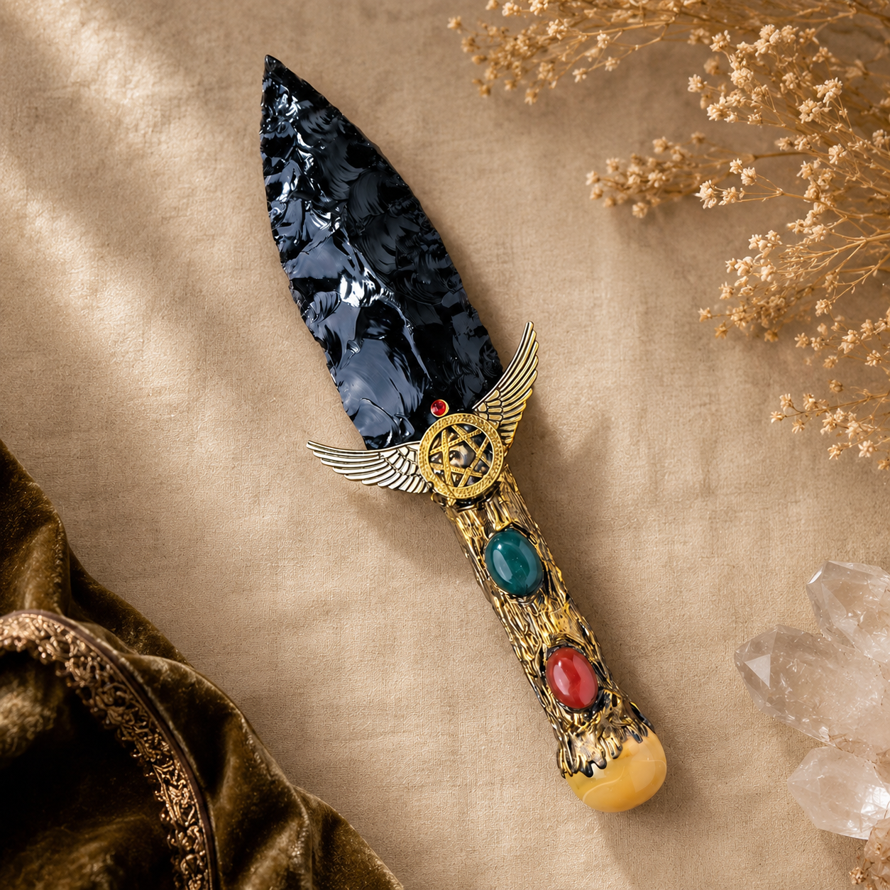 Black Obsidian Winged Pentagram Fantasy Dagger, Ornate Crystal Handle, Gothic Altar Decor and Mystical Collector Display Gift