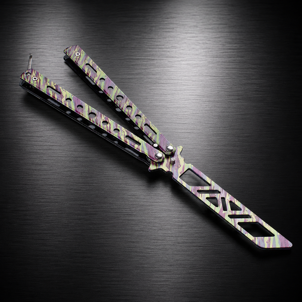 Pastel Camo Balisong Style Collectible, Butterfly Folding Design, Colorful Metal Display Piece with Cutout Blade Look