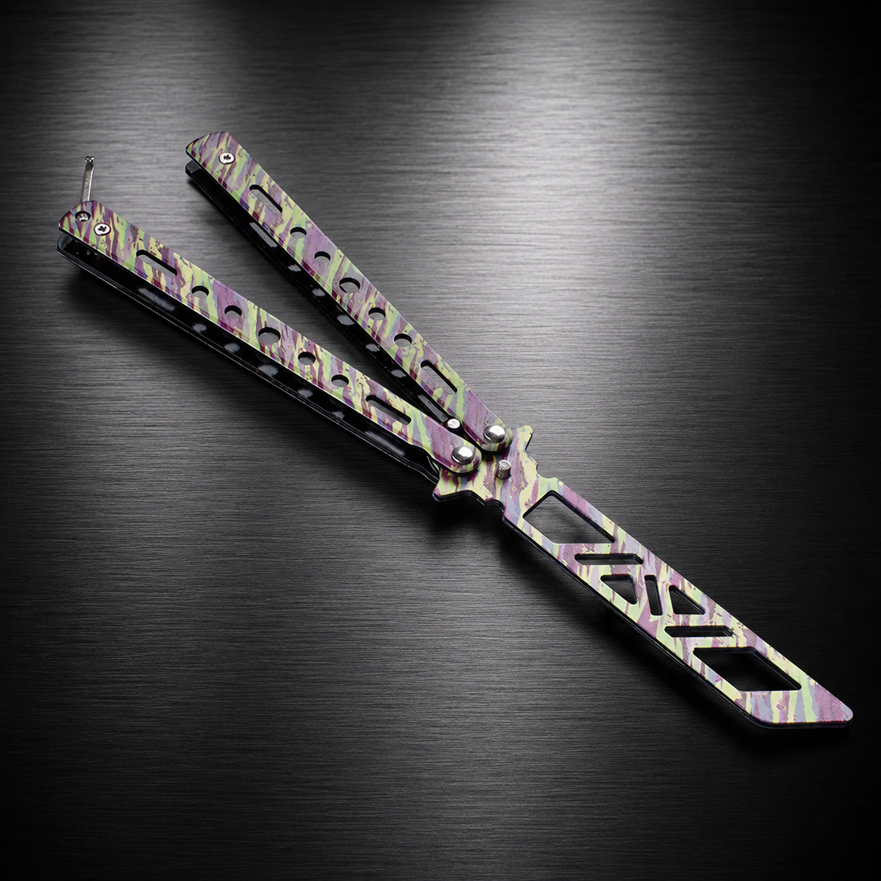 Pastel Camo Balisong Style Collectible, Butterfly Folding Design, Colorful Metal Display Piece with Cutout Blade Look
